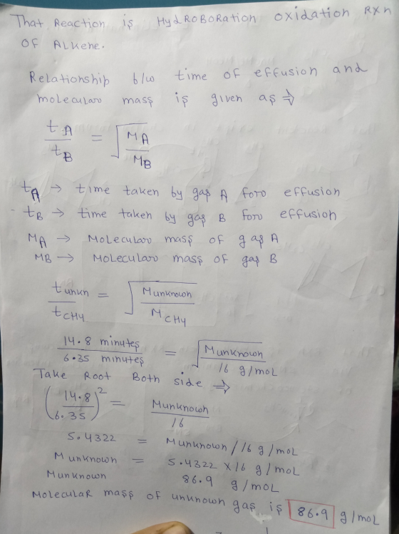 RXn. That oxidation Reaction is Hy L ROBOration OF Alkene. and Relationship molecular 61w time mass is of given effusion as t