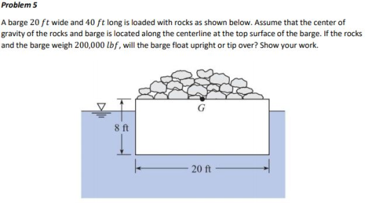 Problem 5 A barge 20 ft wide and 40 ft long is loaded with rocks as shown below. Assume that the center of gravity of the rocks and barge is located along the centerline at the top surface of the barge. If the rocks and the barge weigh 200,000 lbf, will the barge float upright or tip over? Show your work. 8 ft 20 ft
