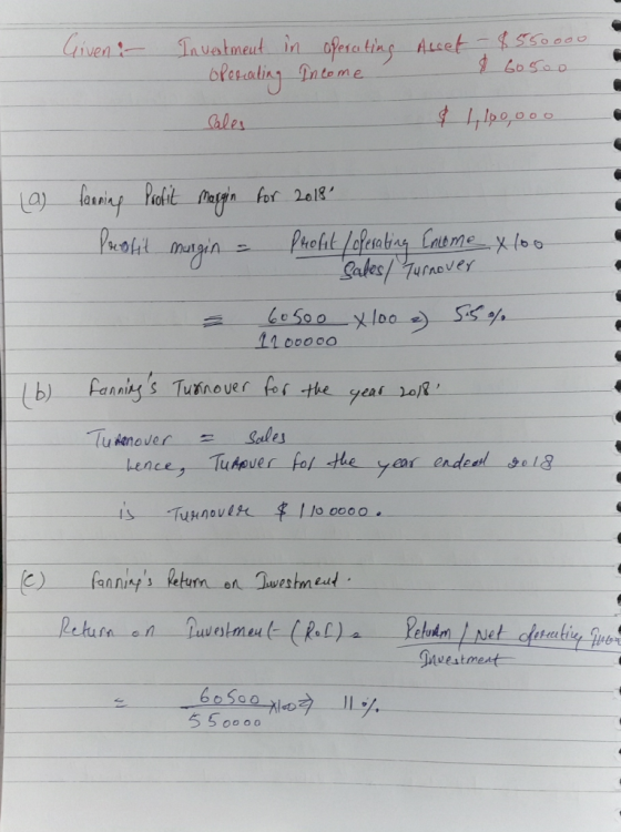 Given i Accet - 8550000 1 60500 Investment in operciting operating Income Cales $ 1,100,000 (a) fanning Profit margin for 201