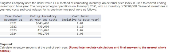 Kingston Company uses the dollar-value LIFO method of computing inventory. An external price index is used to convert ending