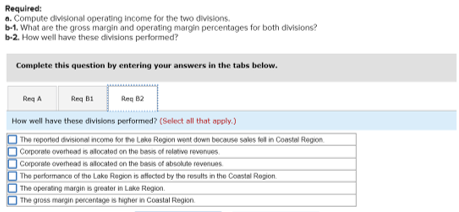 Required: a. Compute divesonal operating income for the two divisions b-1. What are the gross margin and operating margin per