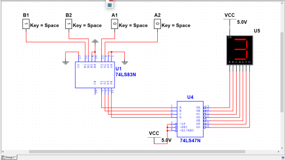 B1 B2 A1 A2 VCC 5.0V Key = Space Key = Space Key = Space Key = Space 05 ΕΕΕΕ ABCDEFG Hem 8 U1 74LS83N C4 IM Մ Մ Մ Մ 04 A B c