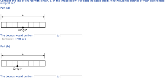 Consider the line of charge with length, L in the image below. For each indicated origin, What would the bounds of your electric field integral be? Part (a) Origin The bounds would be from to Submit Answer Tries 0/5 Part (b) Origin The bounds would be from to
