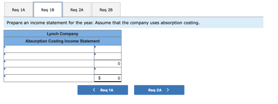 Req 1A Req 1B Req 2A Req 2B Prepare an income statement for the year. Assume that the company uses absorption costing. Lynch