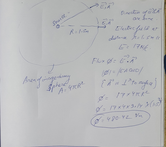 AWAR : Source T R=1.5m Direction of Ela ! are same. Electric field at distance Relismis E=17N/. Flox & E K 101= EA Cosol А 1