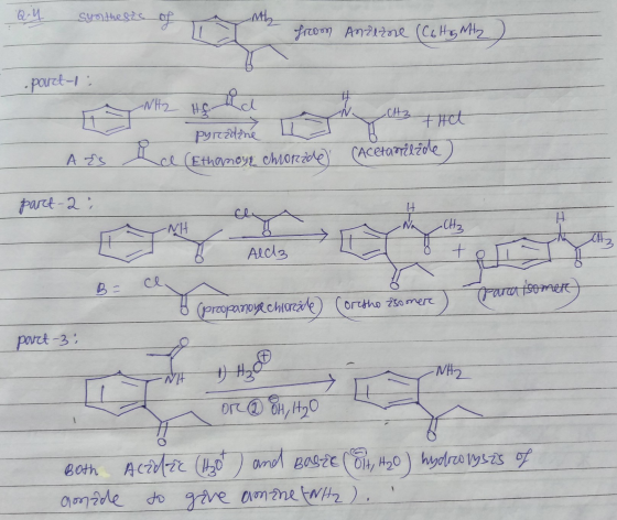 Q.4 syntheste My from Anzuzne (Cototy) . part-1 - NH2 Hf Tech pyreadine y uta n o 3 that (acetanilzole) A ES le (Ethanoye cho