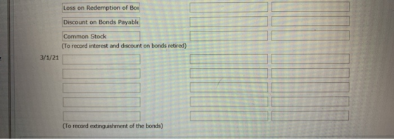 Loss on Redemption of Bou Discount on Bonds Payable Common Stock (To record interest and discount on bonds retired) 3/1/21 N