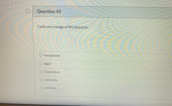 Question 45 Cysts are a stage of life found in: mycoplasms O algae Clostridium O helminths protozoa