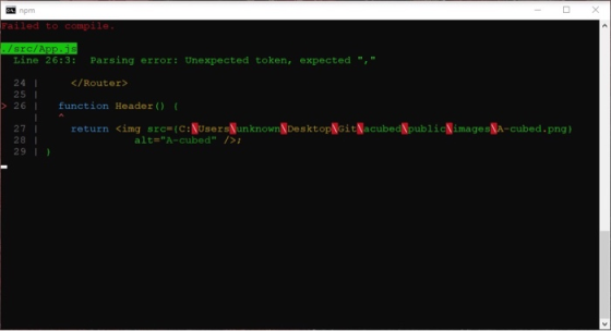 es npm Failed to compile. ./src/App.is Line 26:3: Parsing error: Unexpected token, expected </Router> 241 25 l > 26 function