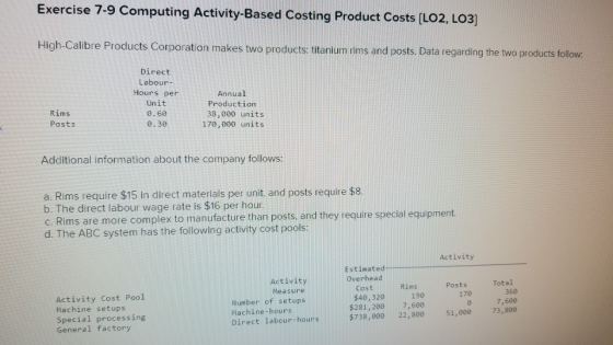 Exercise 7-9 Computing Activity-Based Costing Product Costs (LO2, LO3] High-Calibre Products Corporation makes two products: