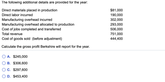 The following additional details are provided for the year: Direct materials placed in production Direct labor incurred Manuf