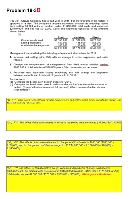Problem 19-3B P19-38 Olgive Company had a bad year in 2016. For the first time in its history, operated at a loss The company