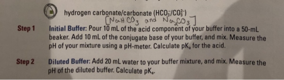 Step 1 hydrogen carbonate/carbonate (HCO3/003-) [NaHCO₃ and Nagco ₂] Initial Buffer: Pour 10 mL of the acid component of your