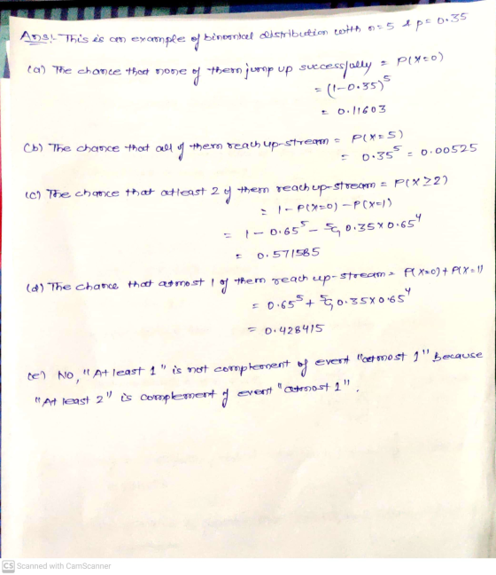 Ans. This is an example of binoon cel Oldsmobootion with 055 &p=0.35 ca) The chance thact none of them jump up succe essfully