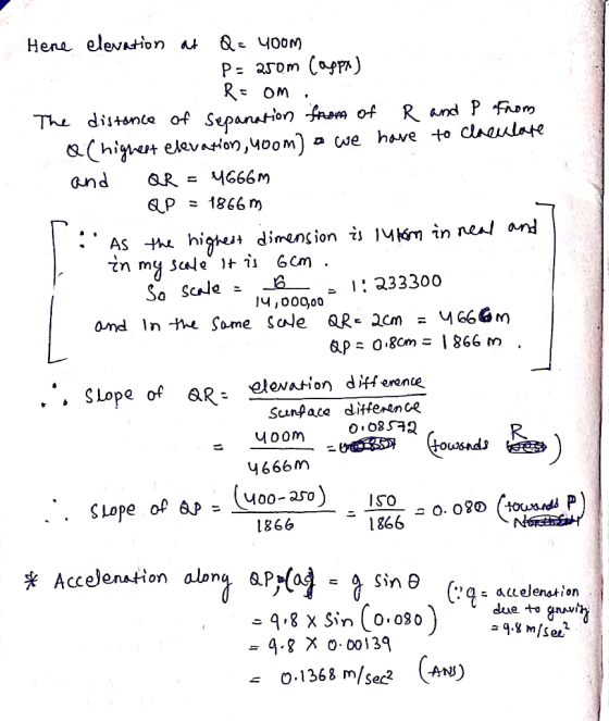 Here elevation at Q= 400m P= 250m (appa) : R= OM , The distance of separation from of R and p from Q( highest elevation, yoom