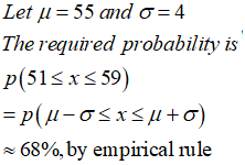 Let μ= 55 and σ=4 The required probability is ~ 68%, by empirical rule