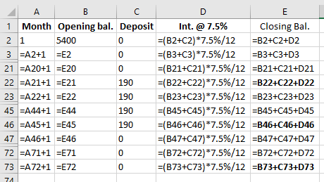 A B C D 1 Month Opening bal. Deposit Int. @ 7.5% Closing Bal. 21 5400 =(B2+C2)*7.5%/12 =B2+C2+D2 3 =A2+1 =E2 0 =(B3+C3)*7.5%/