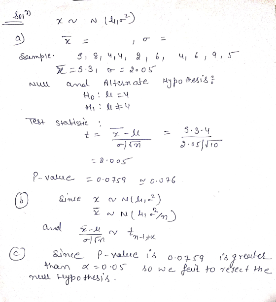 Son xnn 144,02) a) = 10- Sample.. 318,4,4, 2, 6, 4, 6,9,5 =5.3, o=2005 null and Alternate Hypothesis & Hoil zu Ho illt 4 Test