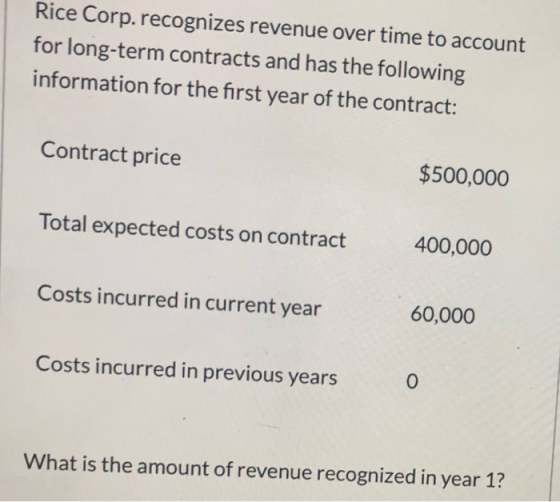Rice Corp. recognizes revenue over time to account for long-term contracts and has the following information for the first ye