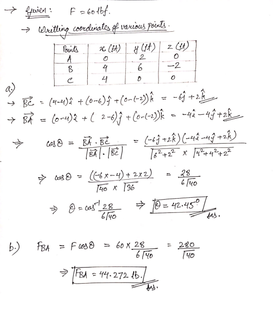 co > geven F = 60lbf. → Writting comedeiates of various points. I Povits x (ft) g (ft) z (ft) ] B. 4 6 -2 e I 4 Io lo - Bỏ. -