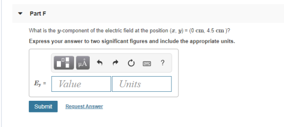 Part F What is the y-component of the electric field at the position (x, )0 cm 4.5 cm)? Express your answer to two significant figures and include the appropriate units. Value Units Submit Request Answer