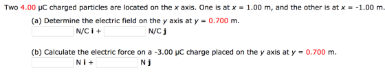 Two 4.00 μC charged particles are located on the x axis. One is at x = 1.00 m, and the other is at x--1.00 m (a) Determine the electric field on the y axis at y 0.700 m N/Ci + N/C j (b) Calculate the electric force on a-3.00 μc charge placed on the y axis at y = 0.700 m. Ni+ N j
