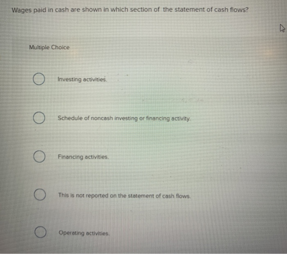 Wages paid in cash are shown in which section of the statement of cash flows? Multiple Choice O Investing activities. Schedul