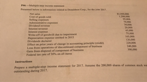 P#6 - Multiple-step income statement Presented below is information related to Donaldson Corp., for the year 2017. Net sales
