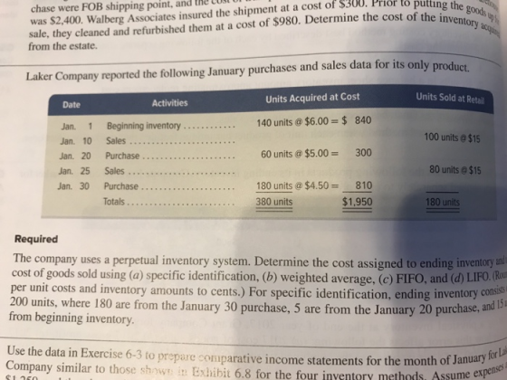 point, and the tos of $300. Prior chase were FOB shipping was $2,400. Walberg Ass sale, they cleaned and refurbished them at a cost of $980. Determine the cost of the i alberg Associates insured the shipment at a cost nventory from the estate. Laker Company reported the following January purchases and sales data for its only product Units Sold at Retail Activities Units Acquired at Cost Date ...140 units@ $6.00 $840 Jan. 1 Beginning inventory. . .. Jan. 10 Sales 100 units@$15 60 units@ $5.00300 80 units@$15 Jan. 25 Sales.. 380 units $1,950 180 units Required The company uses a perpetual inventory system. Determine the cost assigned to ending inventory au cost of goods sold using (a) specific identification, (b) weighted average, (c) FIFO, and (d) LIFO. u per unit costs and inventory amounts to cents.) For specific identification, ending inventory cons 200 units, where 180 are from the January 30 purchase, 5 are from the January 20 purchase, nd b from beginning inventory Use the data in Exercise 6-3 to prepare comparative Company similar to those show i Exhibit 6.8 for the fou for L r inventory methods. Assume expen income statements for the month of January