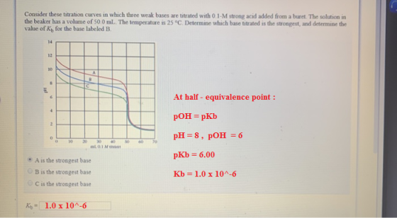 Consider these titration curves in which three weak bases are titrated with 0.1-M strong acid added from a buret. The solutio