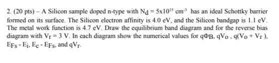 2. (20 pts) - A Silicon sample doped n-type with Nd = 5x10 cm has an ideal Schottky barrier formed on its surface. The Silico