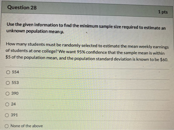 Question 28 1 pts Use the given information to find the minimum sample size required to estimate an unknown population mean u