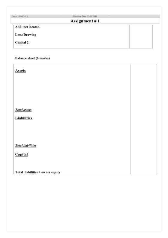 Issue 18.08 2011 Revision Date 2 5,06201 8 Assignment # 1 Add: net income Less: Drawing Capital 2: Balance sheet (6 marks) As