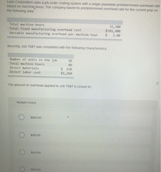 Lupo Corporation uses a job-order costing system with a single plantwide predetermined overhead rate based on machine-hours.