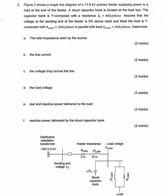 3. Figure 2 shows a single line diagram of a 13.8 kV primary feeder supplying power to a load at the end of the feeder. A shu