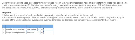 Osborn Manufacturing uses a predetermined overhead rate of $18.30 per direct labor-hour. This predetermined rate was based on
