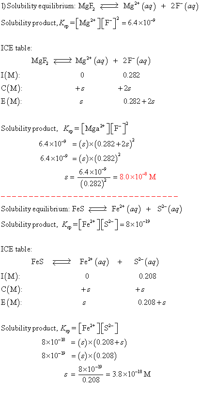1) Solubility equilibrium: MgF, 2 Mg2+ (aq) + 2F (aq) Solubility product, K, =[Mg** [F-]* = 6.4x10-9 ICE table: MgF, 2 I(M):