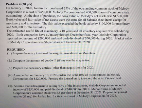 Problem 4 (20 pts) On January 1, 2020, Jordan Inc. purchased 25% of the outstanding common stock of Melody Corporation at a c