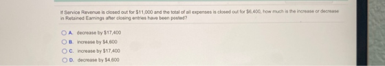 If Service Revenue is closed out for $11,000 and the total of all expenses is closed out for $6,400, how much is the increase