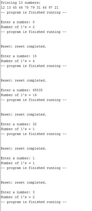 Printing 10 numbers: 12 13 45 46 78 79 31 64 97 21 -- program is finished running -- Enter a number: 5 Number of 13 = 2 -- p