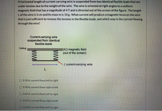A horizontal length of current-carrying wire is suspended from two identical flexible leads that are under tension due to the