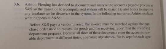 3.6. Ashton Fleming has decided to document and analyze the accounts payable process at S&S so the transition to a computeriz