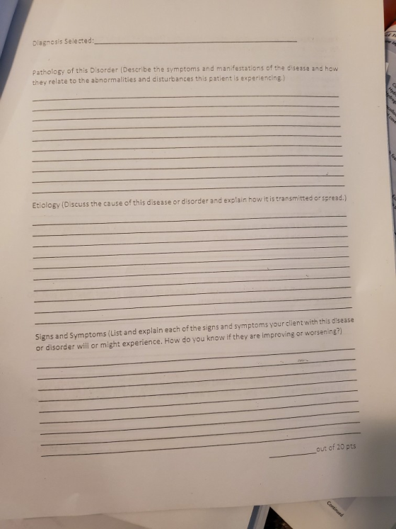 Diagnosis Selected Pathology of this Disorder (Describe the symptoms and manifestations of the disease and how they relate to