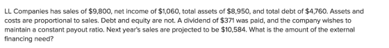 LL Companies has sales of $9,800, net income of $1,060, total assets of $8,950, and total debt of $4,760. Assets and costs are proportional to sales. Debt and equity are not. A dividend of $371 was paid, and the company wishes to maintain a constant payout ratio. Next years sales are projected to be $10,584. What is the amount of the external financing need?