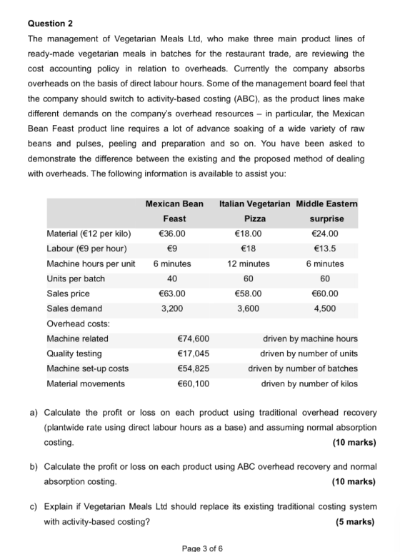 Question 2 The management of Vegetarian Meals Ltd, who make three main product lines of ready-made vegetarian meals in batche