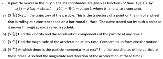 2. A particle moves in the x-y plane. Its coordinates are given as functions of time t(2 0) b x(t)-R(at-sina)t), )Sketch the