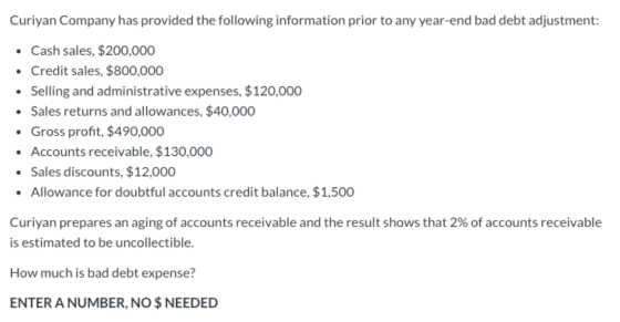 Curiyan Company has provided the following information prior to any year-end bad debt adjustment: • Cash sales, $200,000 Cred