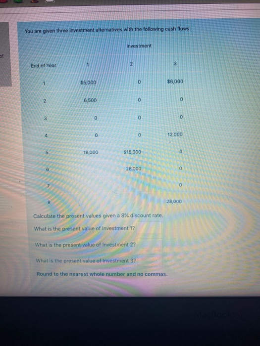 You are given three investment alternatives with the following cash flows: Investment of 1 2 3 End of Year $5,000 0 $6,000 2