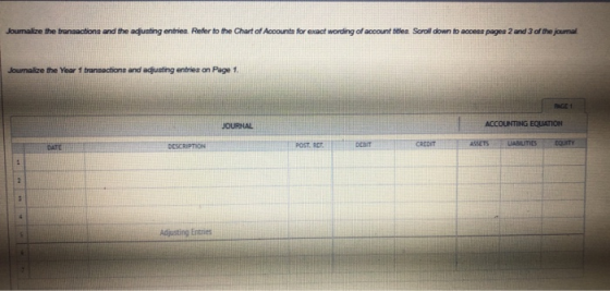 Journalize the transactions and the adjusting entries Refer to the Chart of Accounts for exact wording of account titles Scro