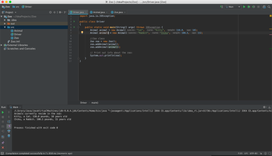 Zoo [/IdeaProjects/Zoo) -.../src/Driver.java (Zoo] Main - the Q Zoo src Driver - Project - Zoo -/IdeaProjects/Zoo idea out sr